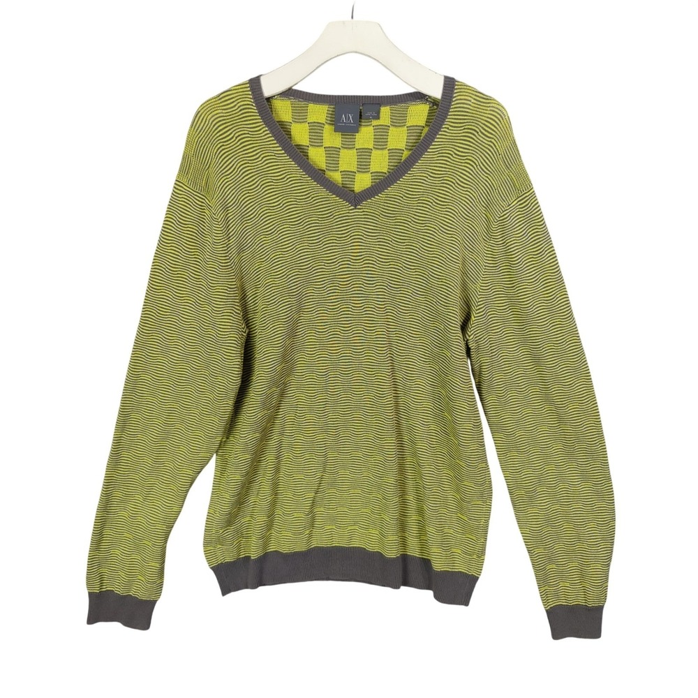 AX Armani Exchange Mens Luxe Cozy Warm VNeck Sweater XL Yellow Grey Wave Stripes